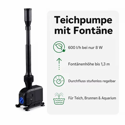 AQUAONE Teichpumpe HJ-603 Teichfontäne 600 l/h 8 W 4 Aufsätze
