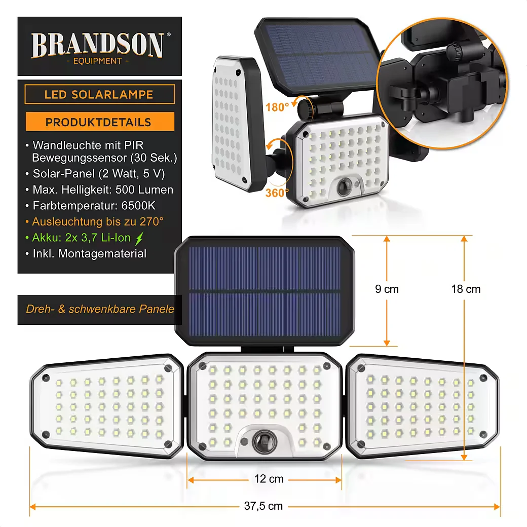 Brandson LED Solarleuchte, PIR-Sensor, 120 LEDs, 500 lm, 6500K