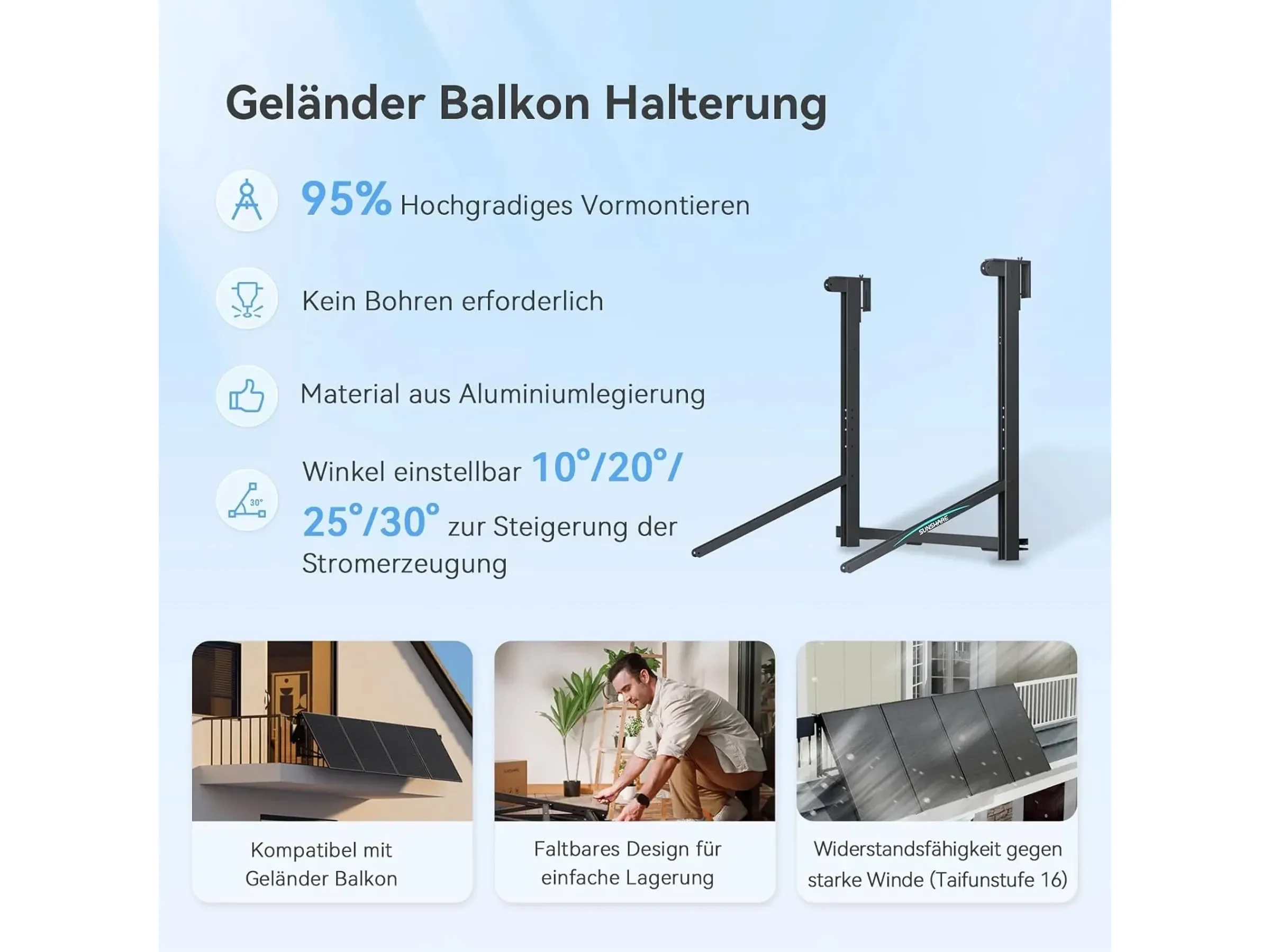 SUNSHARE Halterung für Balkongeländer Balkonkraftwerk einfache Montage