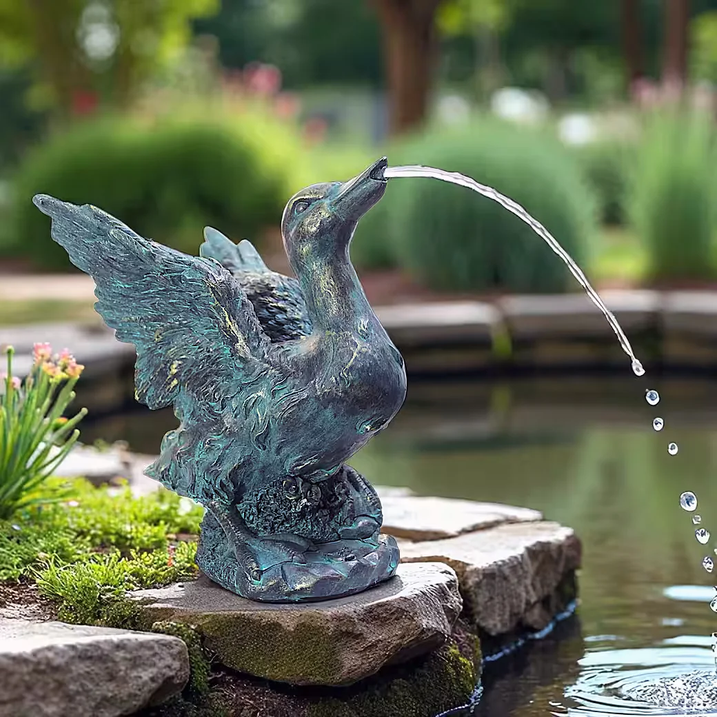 ARNUSA Wasserspeier Ente Solar mit Pumpe Kupferoptik Teichfigur