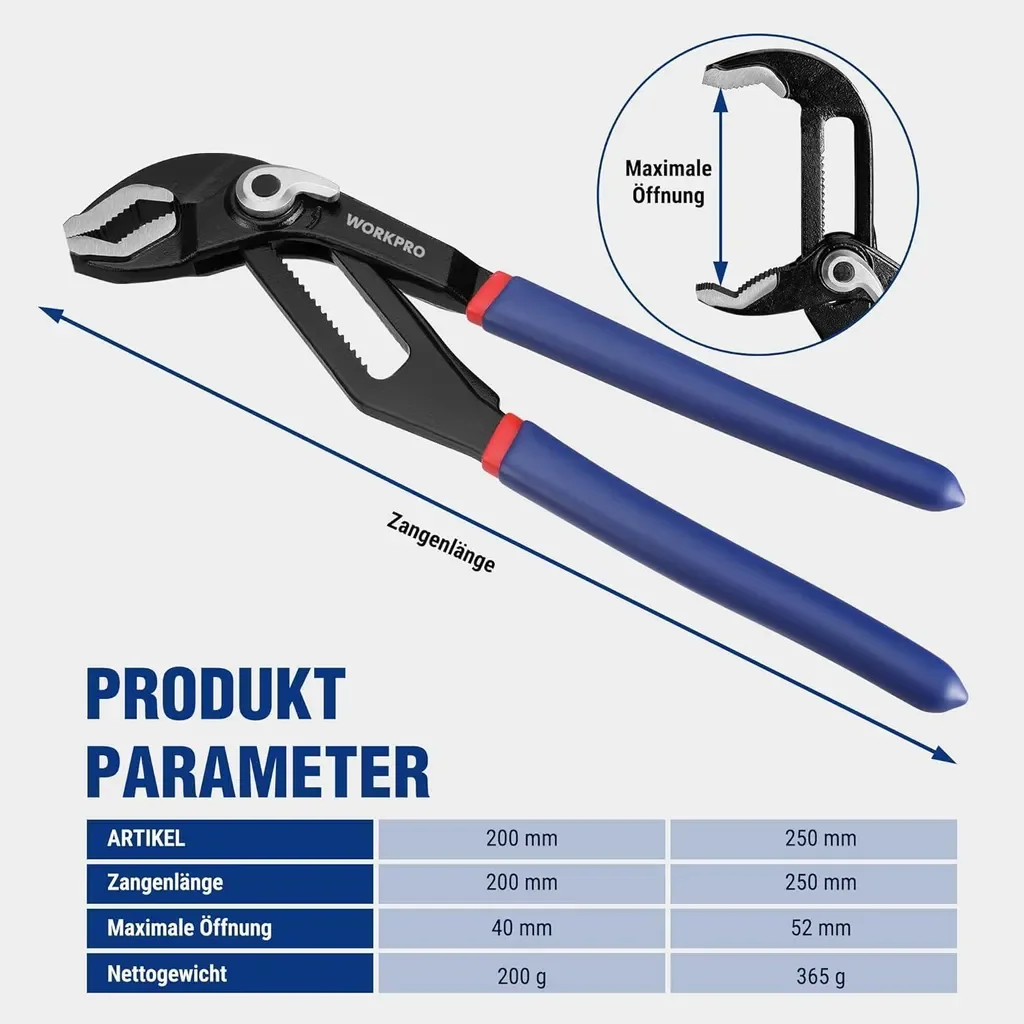 WORKPRO Wasserpumpenzangen Set 200mm 250mm, Cr-V Stahl, verstellbar