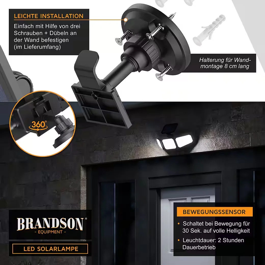 Brandson LED Solarleuchte, PIR-Sensor, 120 LEDs, 500 lm, 6500K