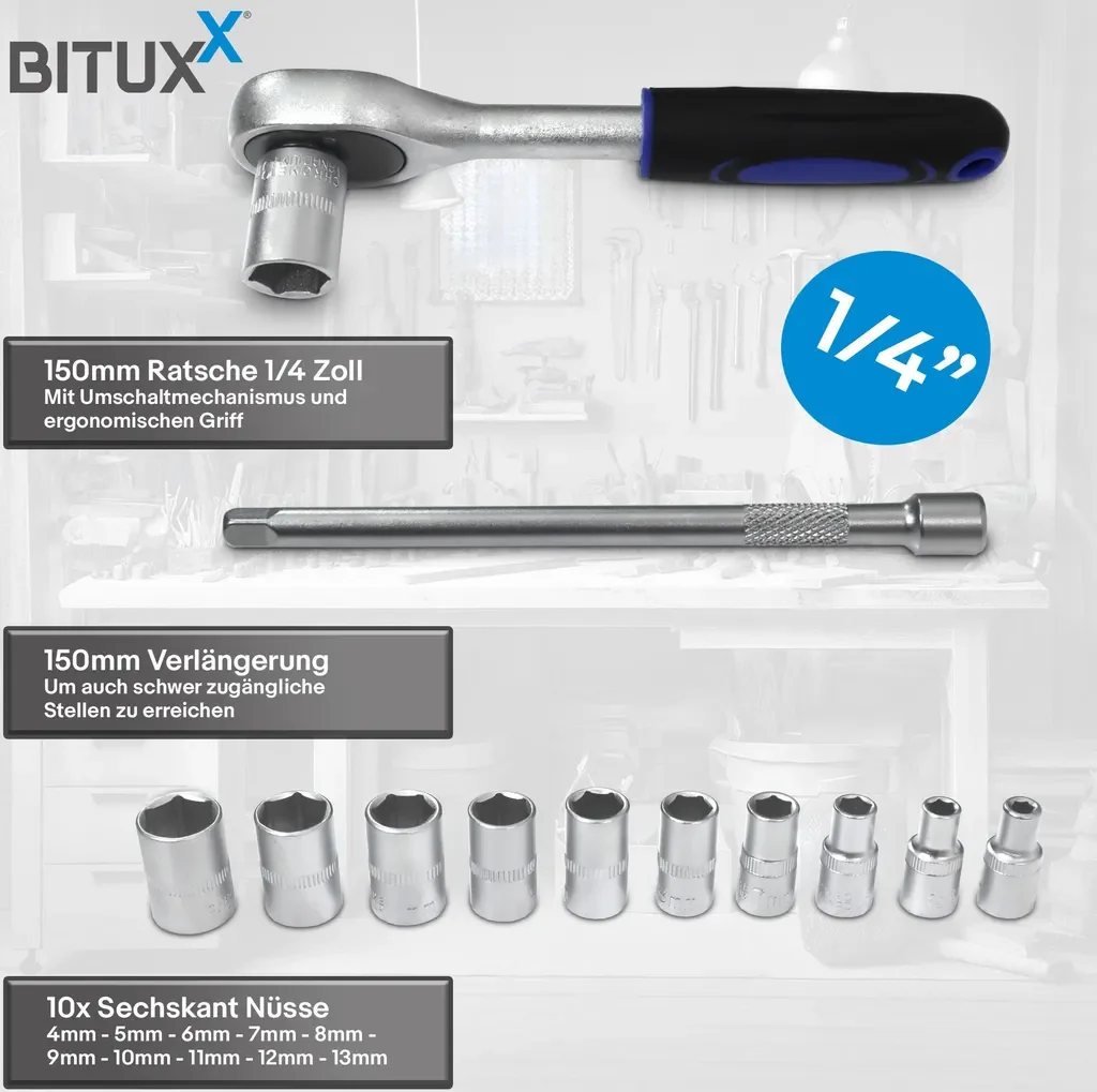 Bituxx 12-tlg. Stecknuss-Set 1/4 Zoll Sechskant Ratsche, Verl. 150 mm