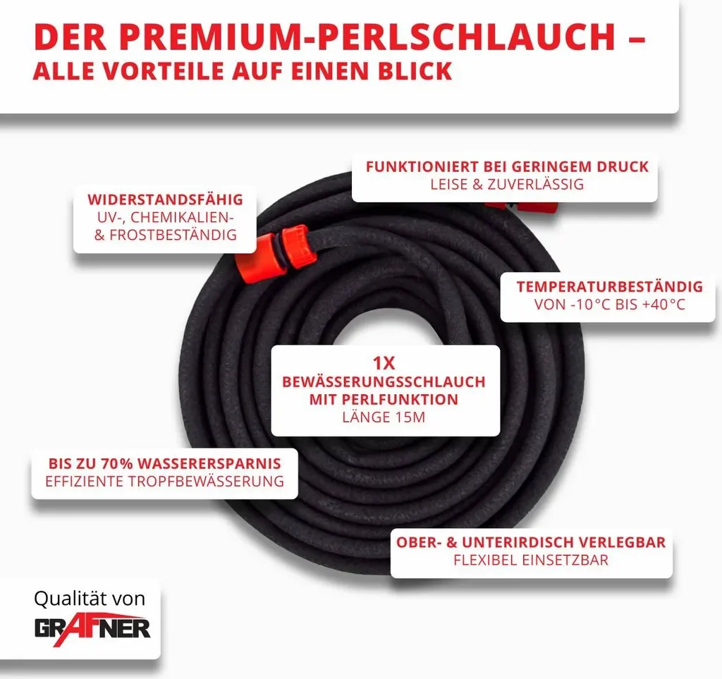 Grafner Perlschlauch 1/2 Zoll 15 m Tropfschlauch Anschlussgarnitur