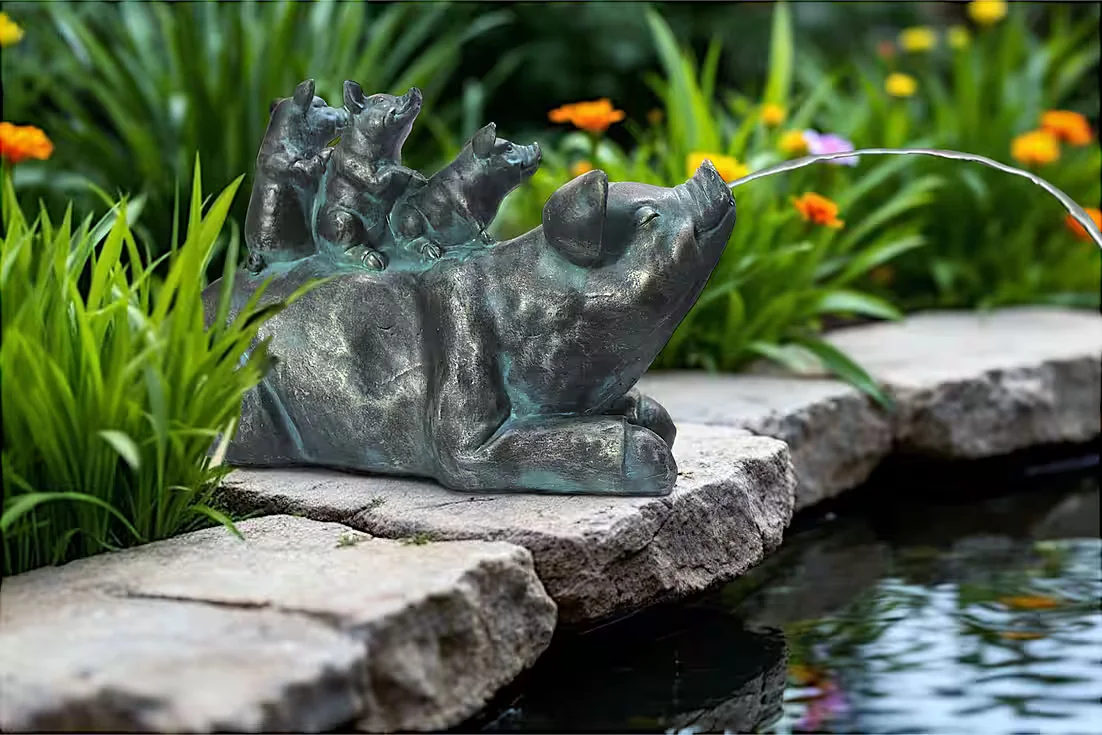 ARNUSA Solar Wasserspeier Schwein Familie Brunnen Teich Gartendeko