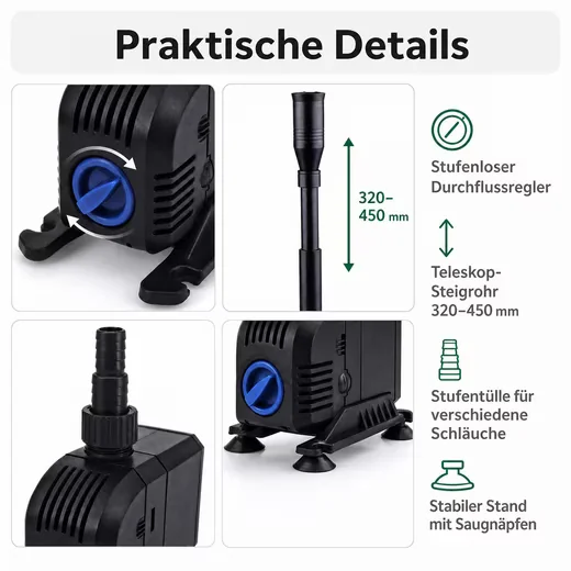 AQUAONE Teichpumpe HJ-603 Teichfontäne 600 l/h 8 W 4 Aufsätze
