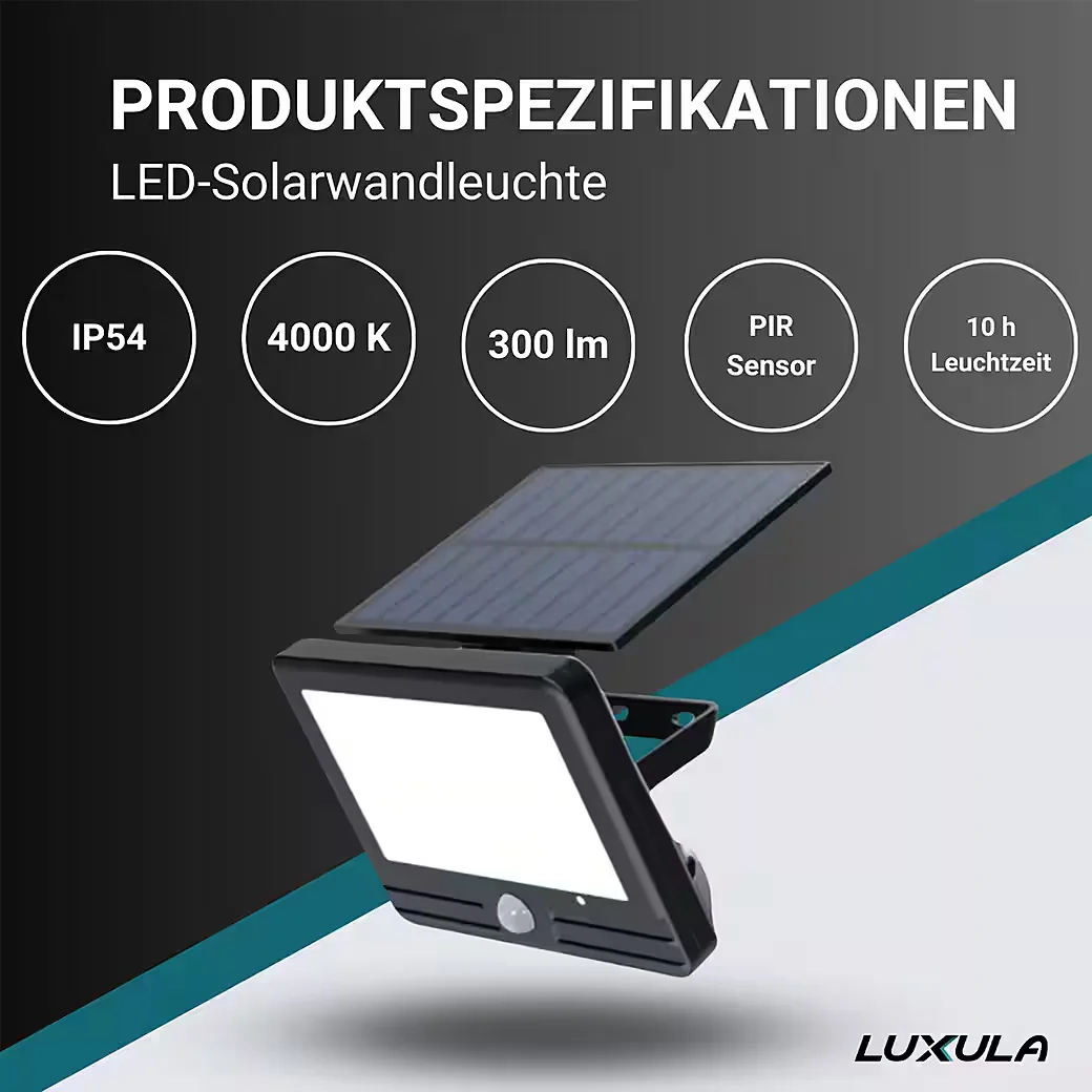 LED Solarleuchte LUXULA Solar-LED Wandleuchte LXSO700125, PIR-Sensor, 4000K, IP54