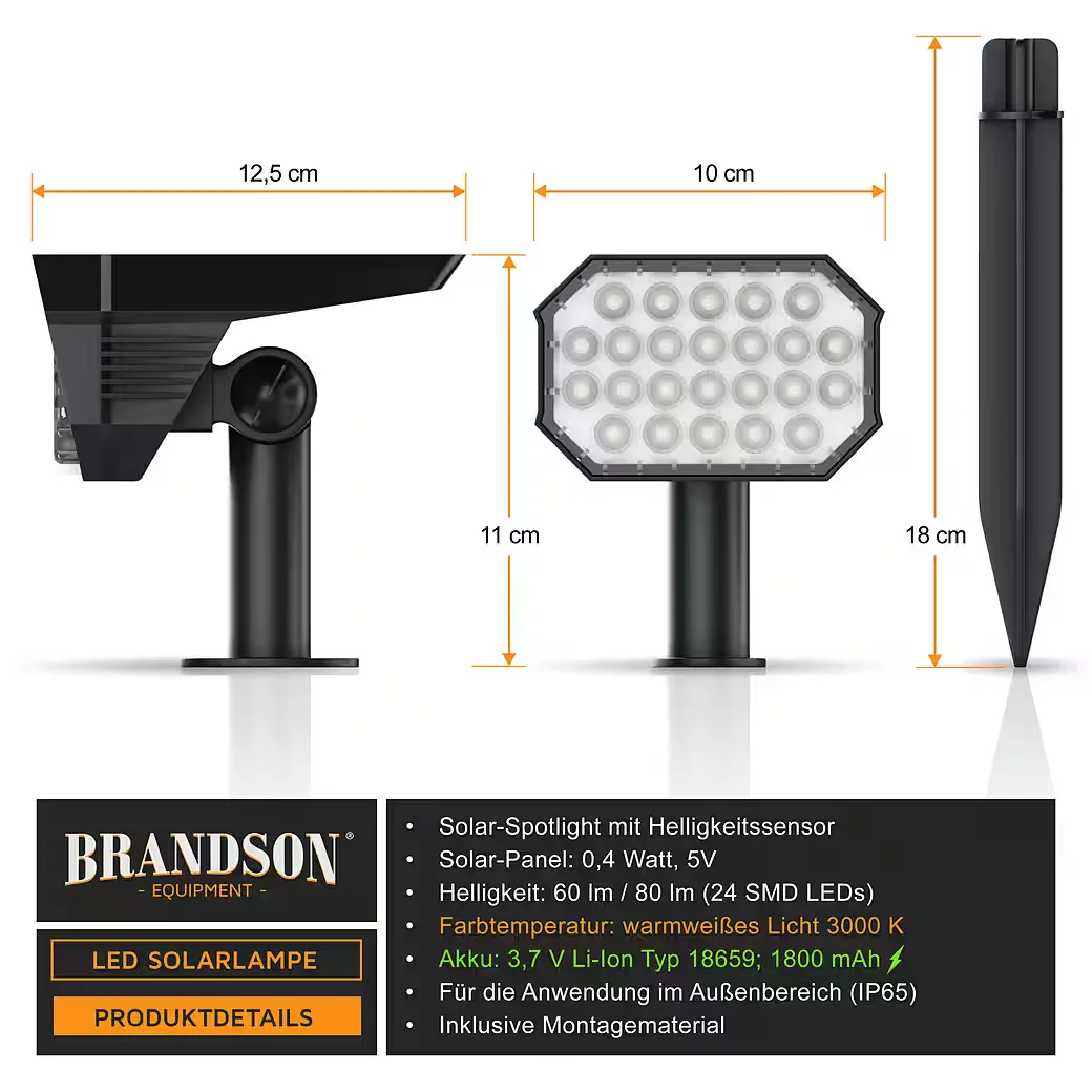Brandson LED Solar Akku Gartenstrahler mit Erdspieß und Wandmontage