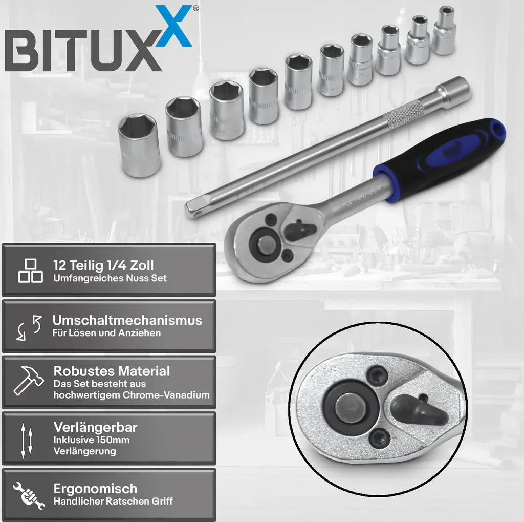 Bituxx 12-tlg. Stecknuss-Set 1/4 Zoll Sechskant Ratsche, Verl. 150 mm