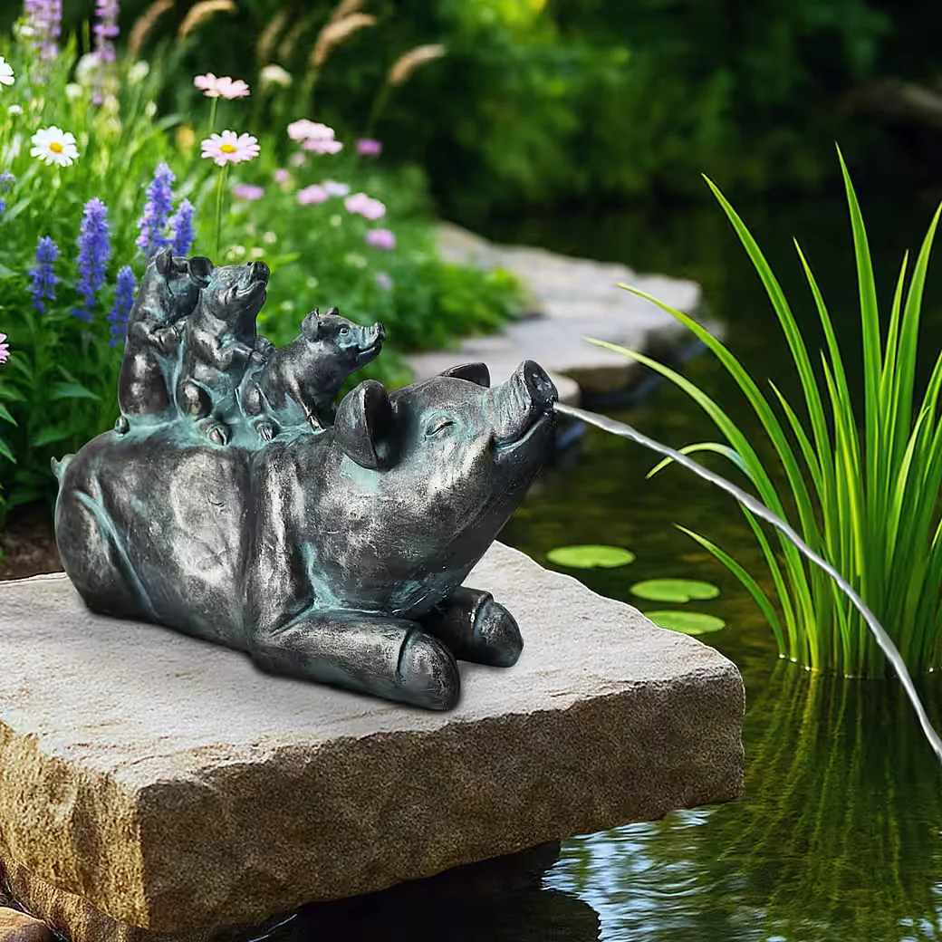 ARNUSA Solar Wasserspeier Schwein Familie Brunnen Teich Gartendeko