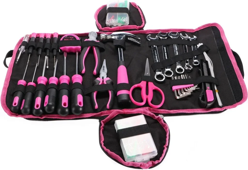 Sixtol Werkzeugset HOME PINK 120 mit Dübeln, Schrauben, Stofftasche