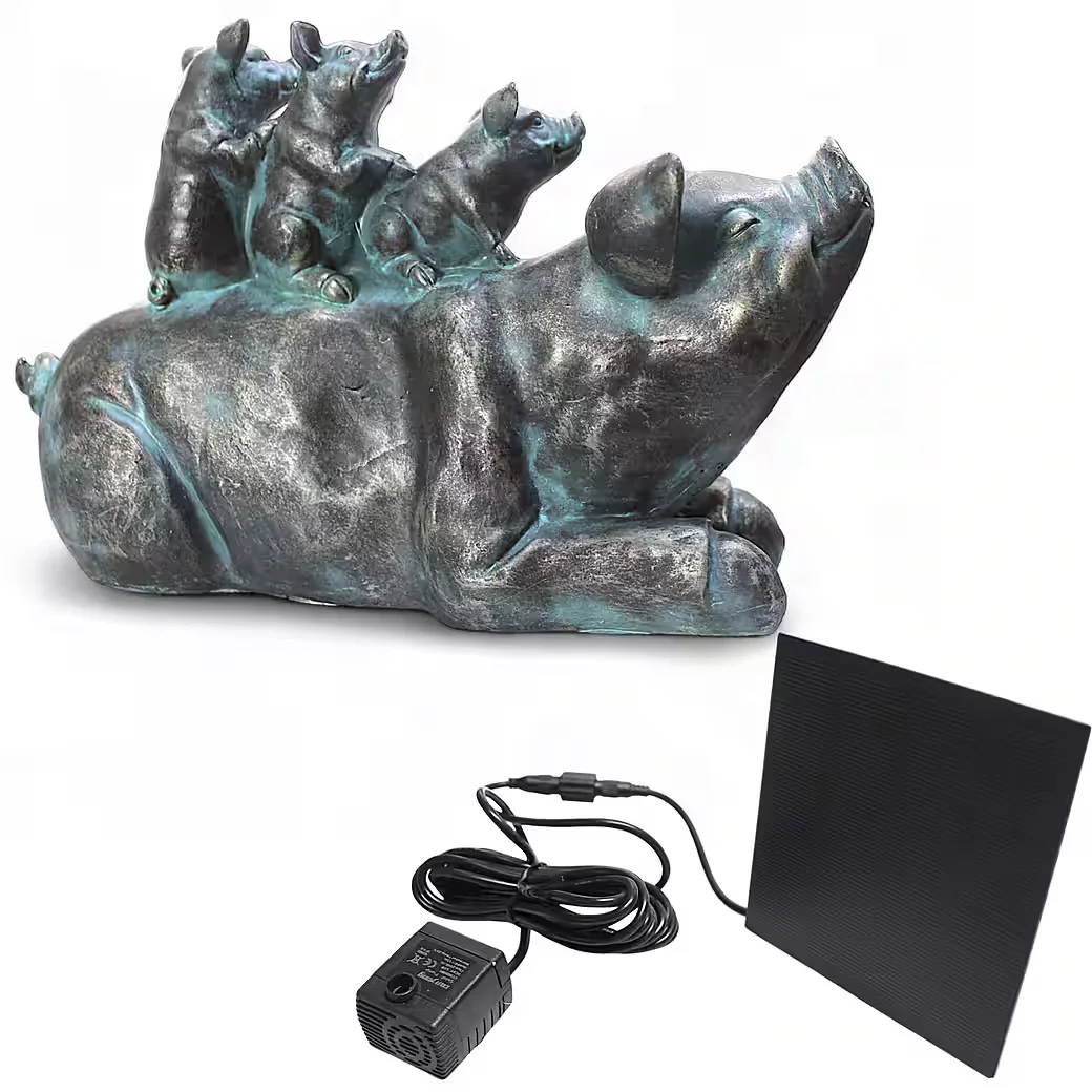 ARNUSA Solar Wasserspeier Schwein Familie Brunnen Teich Gartendeko
