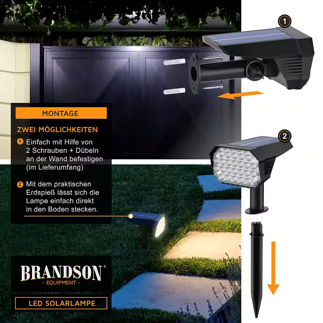 Brandson LED Solar Akku Gartenstrahler mit Erdspieß und Wandmontage